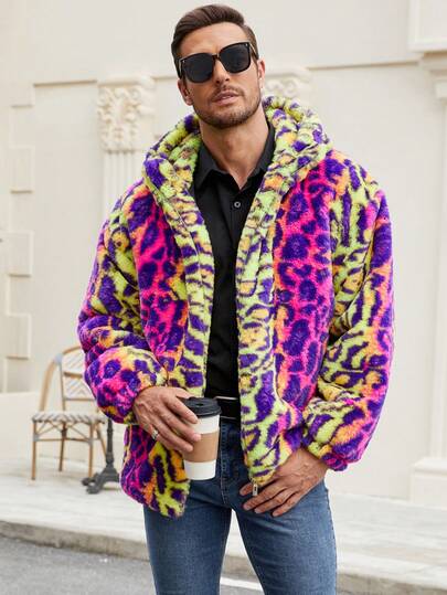 Abrigo con capucha con cremallera, de felpa con estampado de leopardo y bloques de color, para hombre, otoño/invierno