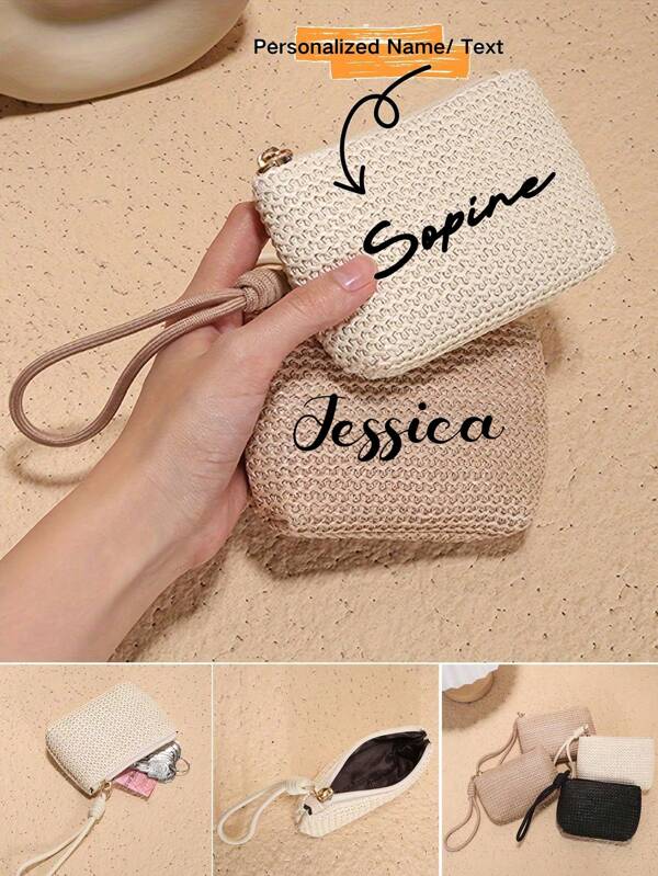 1pc Straw Coin Purse, Name Can Be Customized Small Coin Purse For Women, Portable Hand-Held Keychain Bag, Key And Card Storage Bag, Straw Small Wallet, Portable Clutch Bag, Key Card Bag, Hand-Hanging Storage Bag Multifunctional Storage Bag Essential For Back To School