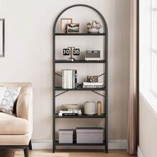 Bücherregal mit 5 Ebenen, gewölbtem Design, hohem Standregal mit Metallrahmen, offenem Aufbewahrungsregal, großem schwarzen Bücherregal für Schlafzimmer, Wohnzimmer, Homeoffice - Schwarz + schwarzes Holzbrett - Übersicht 6