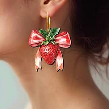 Wooden Butterfly & Strawberry Dangle Earrings, Suitable For Daily Wear - Pink - View 2