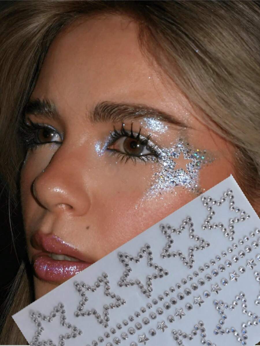 Self-Adhesive Pentagram Face Decoration Sticker Wedding Birthday Party Music Festival Y2K Retro Style Art Makeup Glitter Body Painting Accessories Tattoo Sticker - 白色 - 查看 1