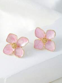 1pair Colorful Oil Drip Four Petal Flower Design Stud Earrings For Women, Suitable For Daily Wear, Simple And Versatile, Sweet Vacation Gift Valentines,Mom,Mother,Mother's Day,Gift - Pink Rose Earrings - View 1
