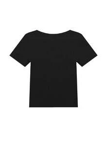 U-Neck All-Match Short Sleeve T-Shirt, Stretchy Slim Fit Solid Color Minimalist Top Casual Black Summer - Black - View 3