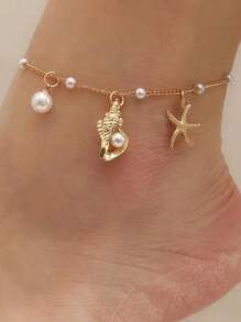 1pc Elegant Minimalist Faux Pearl Shell & Starfish Pendant Anklet, Suitable For Men And Women, Beautiful Holiday Gift