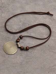 1pc Threaded Wooden Beaded & Geometric Shape Alloy Pendant Necklace Women, Vintage Sweater Chain,Personalized Retro Round Necklace - Đồng - Xem 2