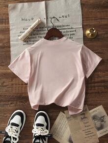 Baby Girl Letter Print Round Neck Short Sleeve Cute Top - Pink - View 3