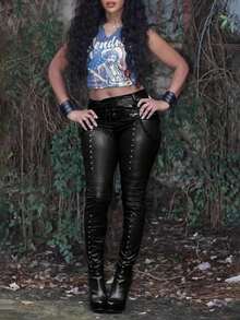 Women's Faux Leather Lace-Up Pants – Gothic Rock Skinny PU Moto Leggings Christmas Gift & New Year Gift - 黑色 - 查看 4