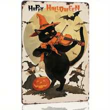 1pc Vintage Halloween Metal Wall Art Sign - Country Style Black Cat Playing Violin With Bat & Pumpkin Pattern, UV-Resistant Waterproof Indoor/Outdoor Decor, No Electricity Required, 30x20cm, Farmhouse Fence Home Decoration