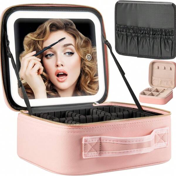 Neceser de maquillaje para viaje con estuche de maquillaje con espejo y luces LED con 3 ajustes de color, organizador de cosméticos y estuche de tocador recargable para mujeres y accesorios de belleza