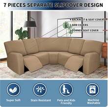 7-Pieces Sectional Sofa Covers, Extra Large Sectional Recliner Couch Covers For Reclining L Shape Couches Sofas, Stretch Washable Fleece Sofa Slipcovers With Pockets, 5 Seat, Camel - Camel - View 5
