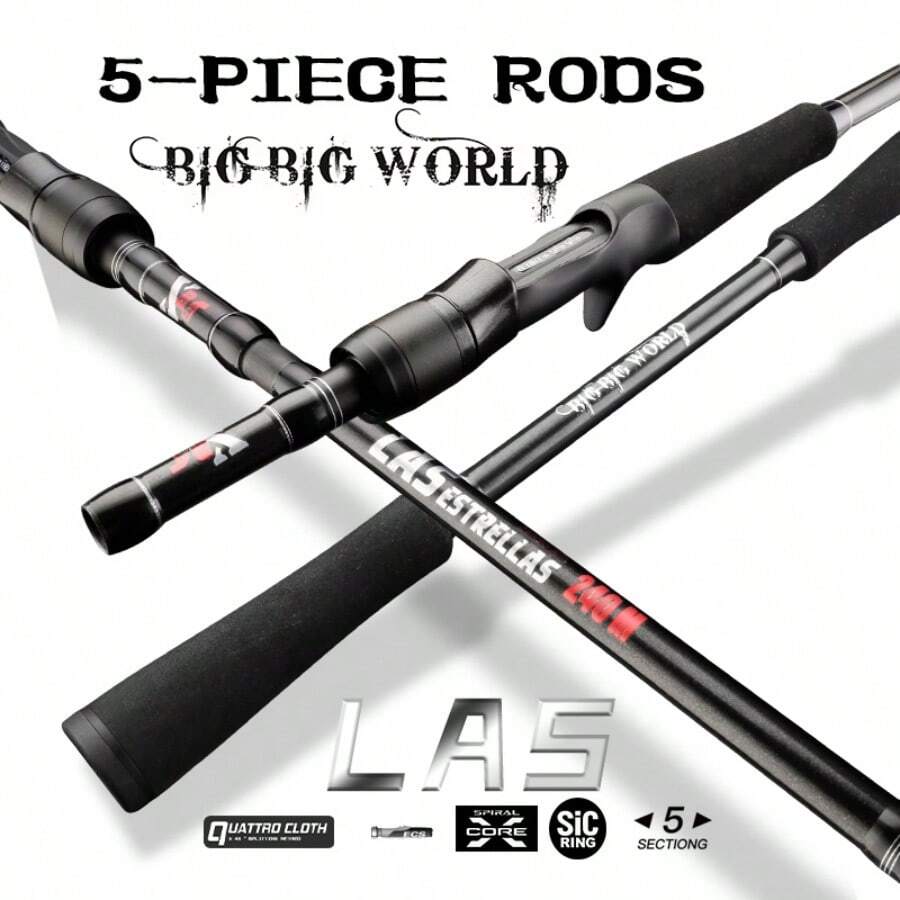 BIGBIGWORLD LAS Estrellas Caña de pescar de viaje para spinning y casting de carbono, guía KL, EVA negro, sección corta para fácil portabilidad, ultralligera, de 4/5 secciones, 1.98m 2.1m/2.28m 2.4m 2.58m - Negro - Ver 1