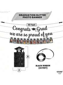 Glitter Black Congrats Graduation Banner - Large, No DIY, 10 Feet |   We Are So Proud Of You Banner |   K-12 Grad Photo Banner For Graduation Decorations 2025 |   Grad Decorations Class Of 2025 - Đèn chớp đen - Xem 2