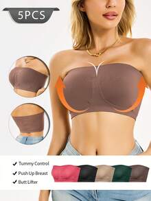 5pcs Women'S Strapless Bras - Seamless High Elasticity No Padding, Breathable Nylon/Elastane Blend, Solid Color Casual Elegant Design For Casual Attire Bras For Women, Breathable Knit Fabric, For Party Style - 彩色 - 查看 3