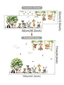 1 pièce Autocollant mural décoratif d'un monde forestier dessin animé avec lion, éléphant, girafe, singe se balançant en aquarelle. Pour la décoration de la chambre d'enfants, la garderie, la chambre. Décoration pour la Fête des enfants - Multicolore - Voir 14