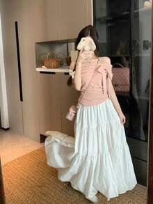 不对称领口短袖独特美观收腰露肩修身修身T恤 - 粉色 - 查看 4