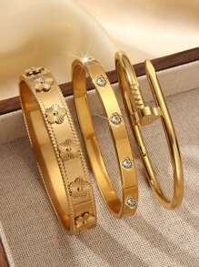 1/3pcs Fashionable 18K Gold Plated Stainless Steel Flower Nail Bangle Bracelet, Inlaid Cubic Zirconia, Waterproof, European & American Style Wrist Jewelry For Women, Casual, Wedding, Party, Valentine's Day Gift