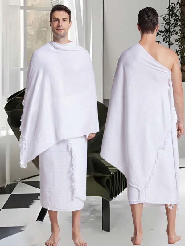 2 piezas Blanco sólido Prendas Ihram para hombres musulmanes, Tela Ihram de peregrino