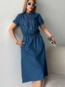 Casual Button Front Pocket Office Denim Dress - Blue - View 5