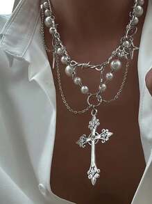 2pcs/Set Fashionable Minimalist Elegant Star Tassel Chain Cross Men Necklace Set, Ideal Gifts For Men, Friends And Families