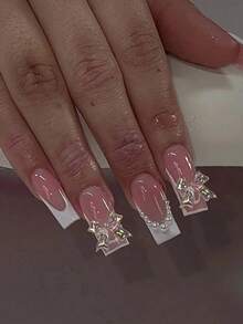 24Pcs/Set Long Coffin White French Tip Press On Nails Tips Chic Minimalist Style - Reusable Design Fake Nail,Contain 1pc Jelly Glue And 1pc Nail File, Acrylic Fake Nails For Women And Girls, Daily Life And Party Use - Hồng - Xem 6