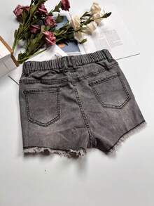 Women's Pocket Distressed Elastic Waist Drawstring Denim Shorts - Light Grey - View 4