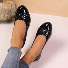 Glossy Platform Fashion Flats, Bowknot Low Heel Slip-On Loafers, Casual Shoes For Teenagers - Black - View 5