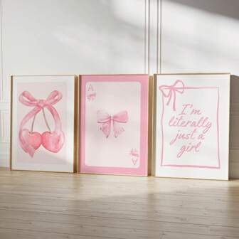 1/3 件粉色蝴蝶结墙壁艺术画学院风樱桃印花帆布画“我真的只是个女孩”海报少女美学装饰适用于客厅、卧室、宿舍、房间装饰（无框）