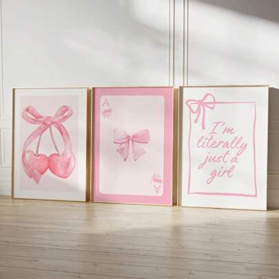 1/3 Stücke rosa Schleifen Wandbilder, niedliche Kirsch Drucke auf Leinwand, 'Ich bin wirklich nur ein Mädchen' Poster, Girly Ästhetik Dekoration für Wohnzimmer, Schlafzimmer, Wohnheim, Raumdekoration, ungerahmt
