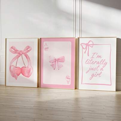 1/3 pièces Tableaux muraux avec nœuds roses, imprimés de cerises preppy, peintures sur canevas "Je suis littéralement juste une fille", affiches à l'esthétique girly, décoration pour le salon, la chambre, le dortoir, décoration de pièce sans cadre