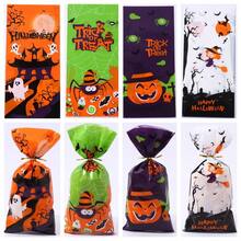 50pcs OPP Transparent Halloween Candy Bags Set, Pumpkin & Witch Halloween Elements Colorful Printed Gift Packaging Bags, Ribbons For Party Favors