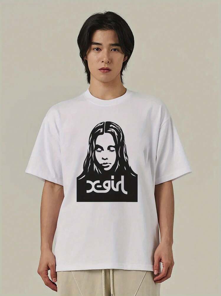 白い綿 Tシャツ、黒い長髪の女性デザインと「x-girl」の文字 | SHEIN JAPAN
