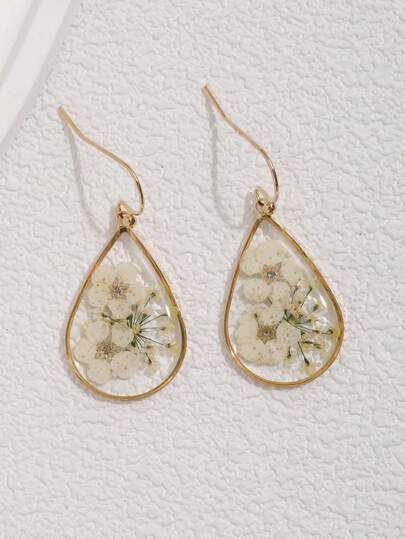 1 Pair Teardrop Forget-Me-Not Dried Flower Resin Drop Earrings, Suitable For Women's Daily Wear
