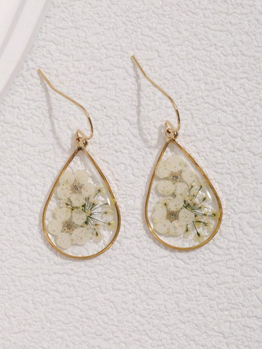 1 Pair Teardrop Forget-Me-Not Dried Flower Resin Drop Earrings, Suitable For Women's Daily Wear - White - View 1