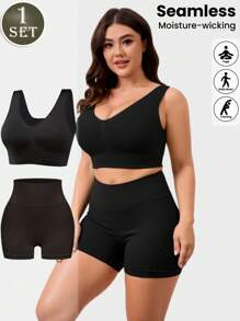 Women 2pcs Medium Suppor Ank Lop Ribbed Seamless Removable Cups Workout Exercise Sport Bra, Oga Ribed Seamless Workout High Waist Athletic Legging Shorts