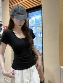 U-Neck All-Match Short Sleeve T-Shirt, Stretchy Slim Fit Solid Color Minimalist Top Casual Black Summer - Black - View 8