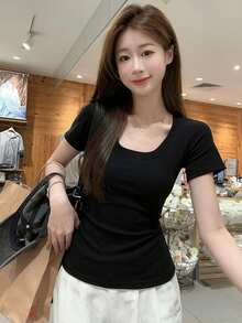 U-Neck All-Match Short Sleeve T-Shirt, Stretchy Slim Fit Solid Color Minimalist Top Casual Black Summer - Black - View 7