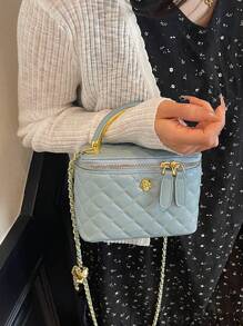 1 pieza Bolso tipo caja con diseño minimalista y patrón romboidal de BEIKAMU, nueva y elegante bolsa de maquillaje y monedero con cadena para el hombro y cruzada