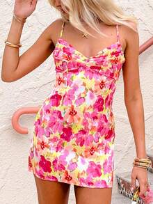 Women Boho Floral Mini Dress Spaghetti Strap V-Neck Ruched Front Bodycon Short Dress Summer Sleeveless Backless Slim Fit Going Out Cami Dress Beach Vacation Cocktail Party Sundress Streetwear - 彩色 - 查看 4
