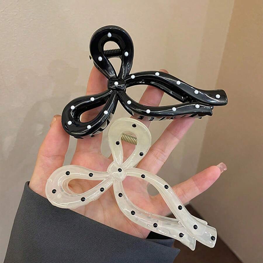 2pcs/1pc 11cm Bowknot Polka Dot Lightweight Plastic Hair Clips For Women, Fashion Multifunctional High-End Elegant Minimalist Hair Claws, Suitable For Daily Casual, Gatherings, Commuting, Vacations, Ponytails, Hairstyles, Washing Face/Hair, Makeup, Clothing Accessories Elegant Claw Clips - Multicolor - View 1