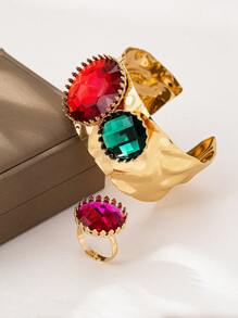 2 Stücke modischer Schmuckset mit mehrfarbigem Kreissteinbesatz und Strass, bestehend aus Armband und Ring für Frauen, elegantes charmantes Accessoire für Sommerfeste, Dates, Alltag und Zusammenkünfte
