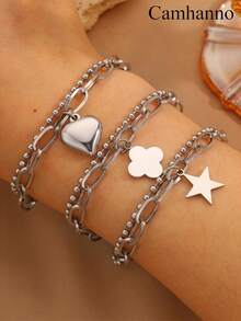 Camhanno 1 件前卫银色不锈钢手链，具有独特的心形设计和优雅的特点，适合派对礼物和休闲穿着，风格可爱，风格简约，可作为备用配件