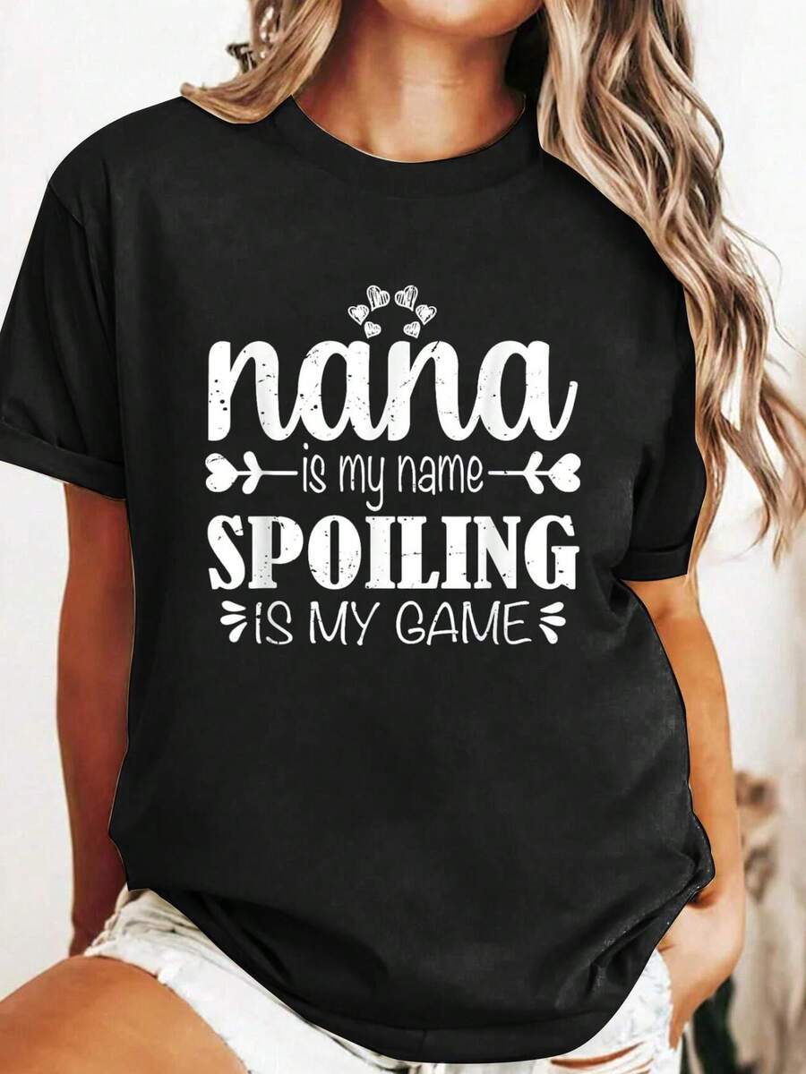 Plus Size LocalGifts Nana Is My Name Spoiling Is My Game Women T Shirt Cotton Casual Short Sleeve Graphic Tee With Floral Accents Round Neck Summer Top For Grandma Gifts Family Reunions Casual Attire Reunion Apparel Playful Print Shirt Comfortable Fit Shirt Women Size L-3XL 4XL 5XL - 黑色 - 查看 1