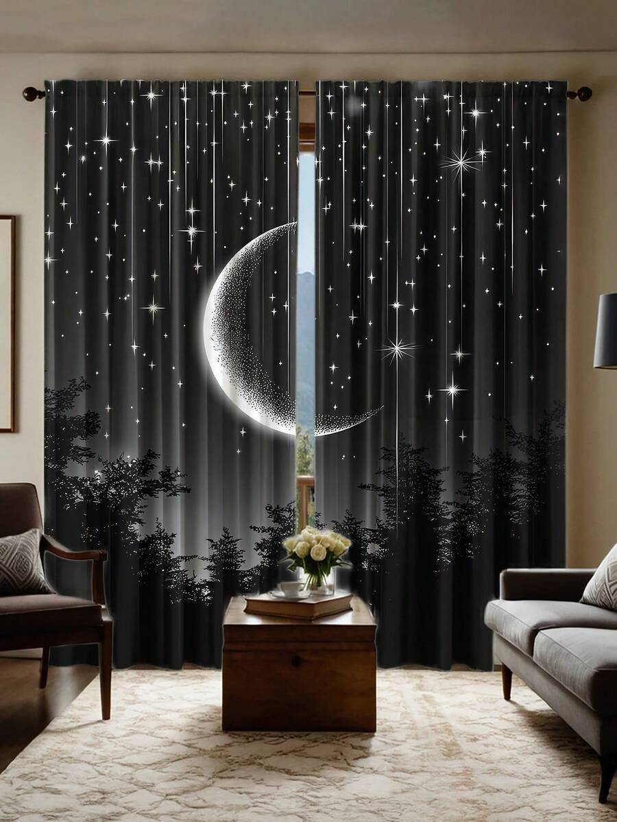 两件套涤纶纤维印花窗帘，图案为星空、夜林和月亮 - 过滤/半透明/防窥，带杆套设计，可机洗，非常适合卧室、办公室、厨房、客厅、书房装饰（不含窗帘杆），卧室装饰，客厅窗帘 - 彩色 - 查看 1