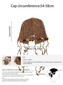 1pc Handmade Crocheted Tassel Tie Hollow Breathable Knitted Beanie Hat For Women, Colorful Floral Pattern, Large Size Fits All, Warm Ear Protection, Casual Versatile Knit Cap For Autumn/Winter