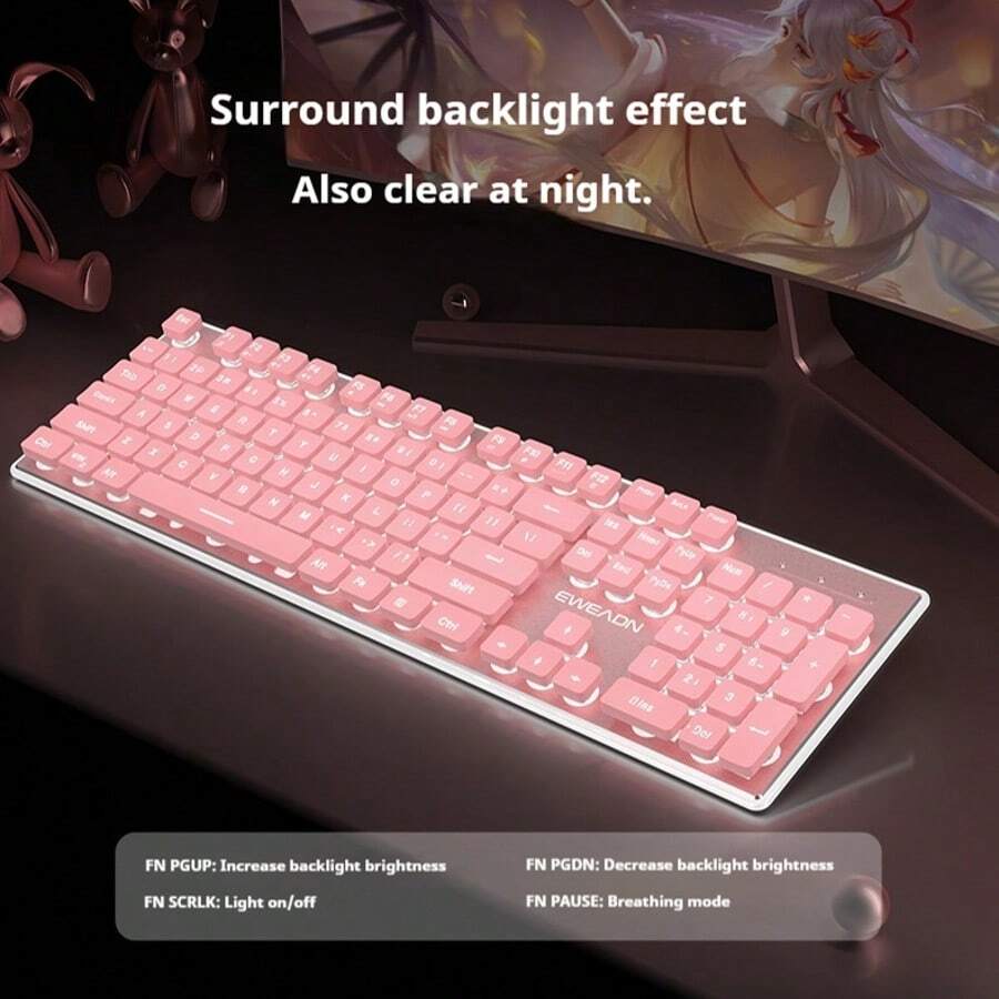 EWEADN 静音无线游戏键盘，符合人体工程学的 104 键，带 LED 背光 USB，2000 毫安时，粉色，非常适合游戏和办公使用，兼容 PC 和笔记本电脑 - 彩色 - 查看 1