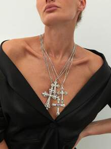 4pcs Set Summer Women's Fashion Exaggerated Multi-Layer Pearl Necklace, Personalized Hiphop Cross Pendant Necklace, Suitable For Daily Wear, Party, Holiday Gift