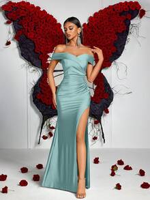 ADYCE 露肩开衩高开衩侧边褶皱鱼尾裙摆鸡尾酒会礼服，优雅适合晚宴、婚礼宾客、毕业典礼、正式晚宴等场合（女士） - 綠色 - 查看 9