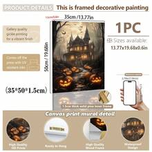 1 Stück gerahmte Leinwand Wandkunst, bereit zum Aufhängen, wasserdicht, Wandkunst, Poster, gerahmtes Wandgemälde, Herbst, Halloween, Horror Spukhaus Leinwandgemälde, Kürbis Party Wandkunst, gotische Halloween Dekoration, Heimdekoration, Herbstdekoration, Raumdekoration - Verschiedenfarbig - Übersicht 14
