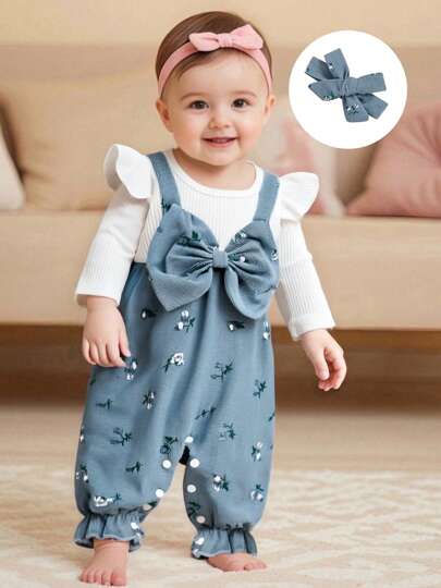 Cute Baby Girls Long Sleeve Romper Featuring Floral Print – Fake Two Pieces Patchwork Bow Jumpsuits  Adorable Headband Set – A Must-Have For Every Wardrobe