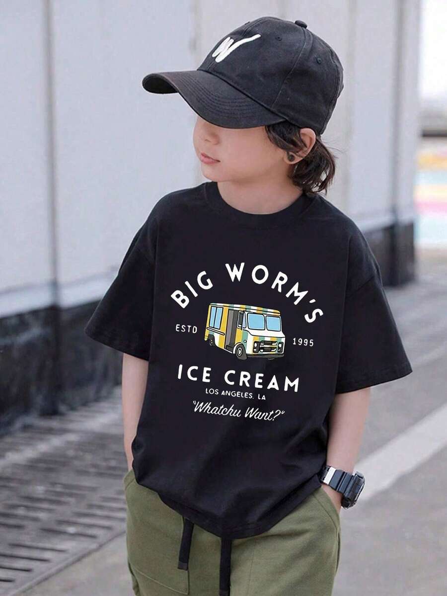 Boys & Teens' Casual Graphic Print Round Neck Short Sleeve T-Shirt, Summer Top - Black - View 1
